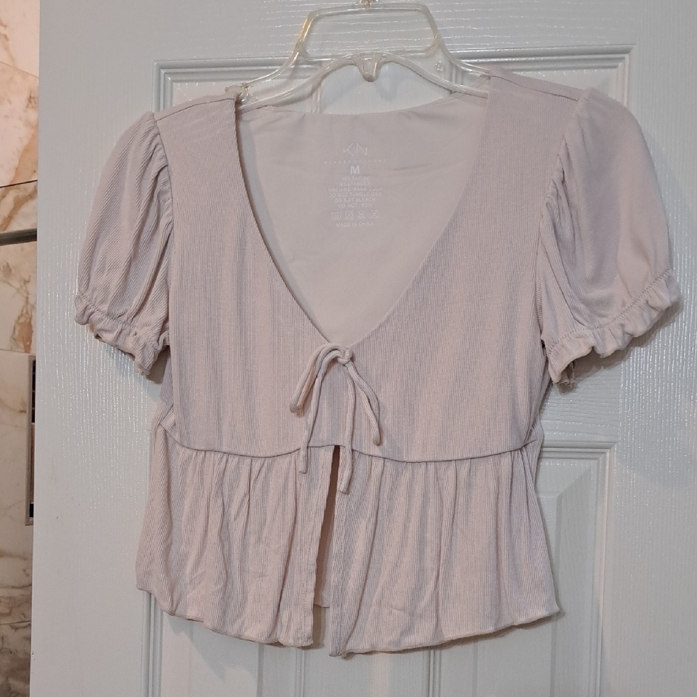 Klassy Network Puff Sleeve Peplum Blouse In Beige